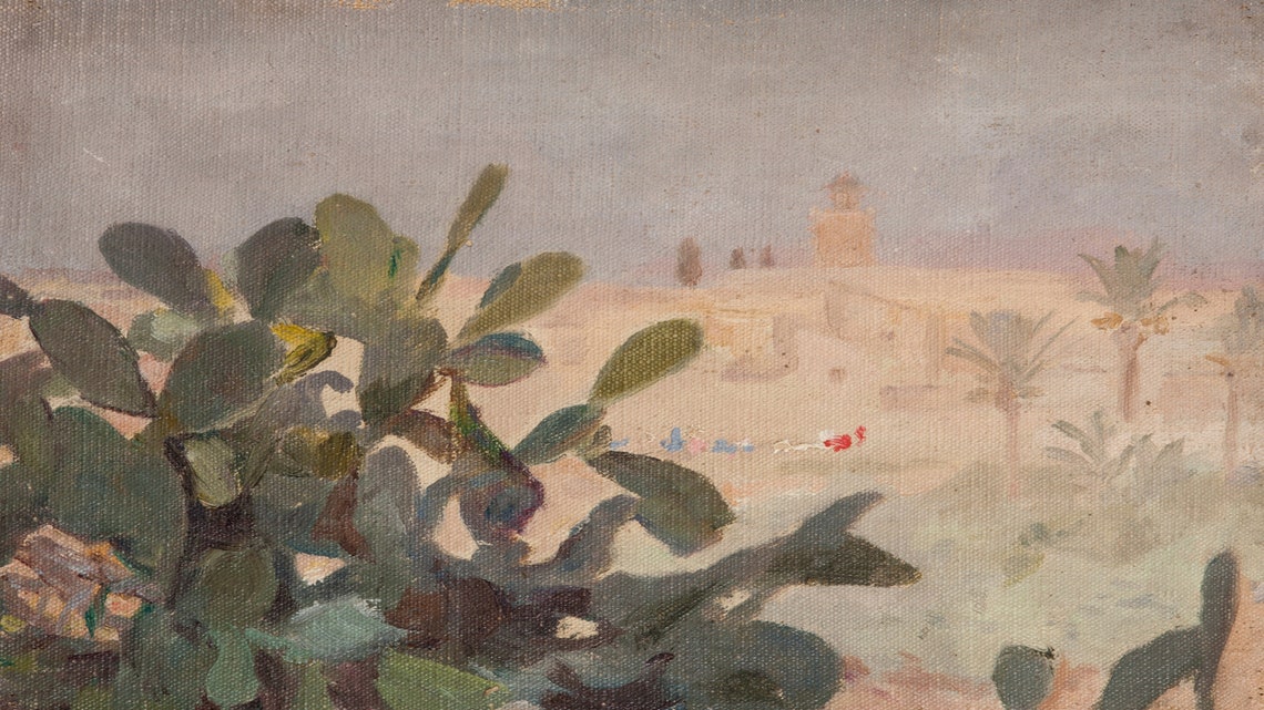 Prickly Pear Cactus Desert Painting with Distant Town and Palms Poster - Image 2