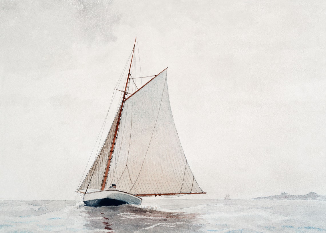 Minimalist Sailboat with White Sails Gliding on a Calm Gray Sea Poster - Image 2