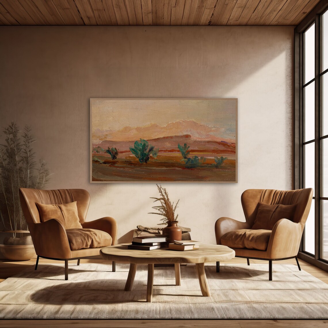 Desert Cactus Landscape Painting with Red Mesas and Teal Cacti Poster - Image 2