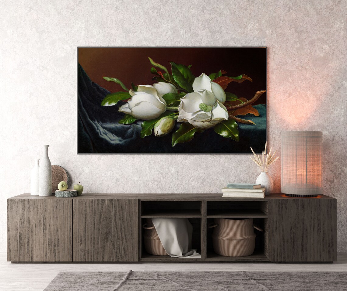 White Magnolia Blossoms Vintage Floral Still Life Oil Painting Poster - Image 2