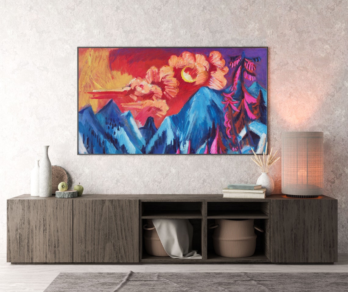 Fauvist Sunset Over Blue Mountains Red Sky Expressionist Poster - Image 2