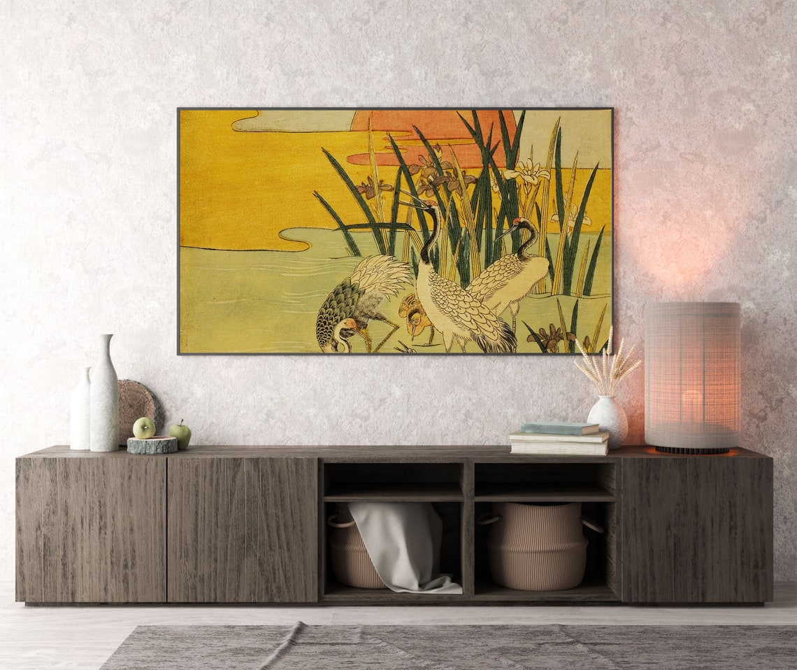 Japanese Cranes in a Marsh at Sunset Vintage Woodblock Poster - Image 3