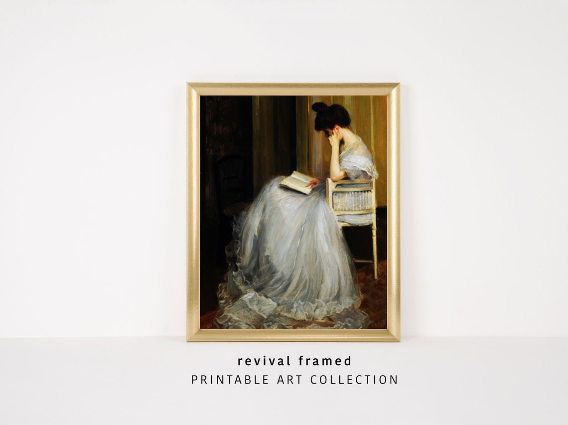 An Elegant Woman Reading a Book in a Flowing White Gown Poster
