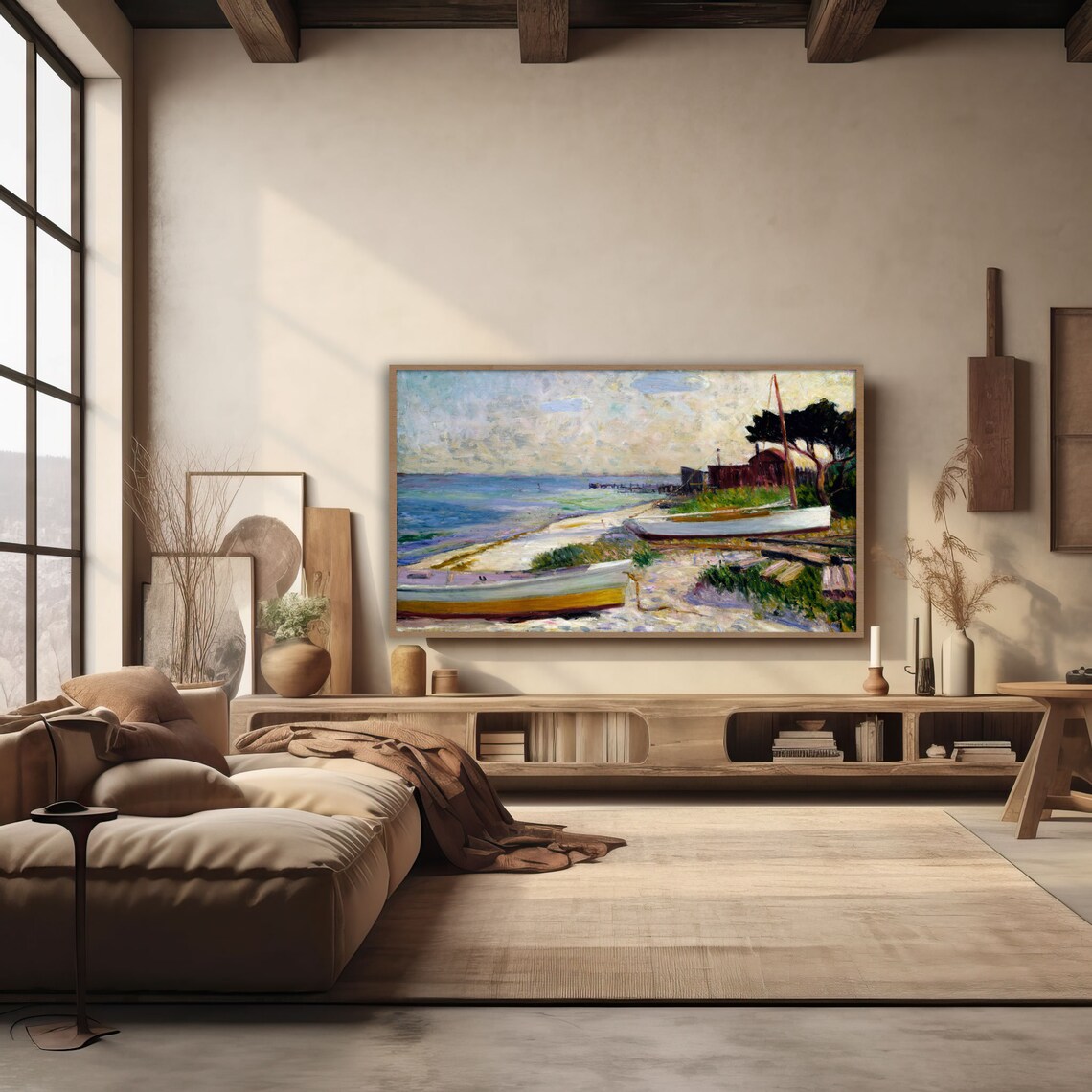 Impressionist Shoreline Painting with Rowboats Boathouse and Sailboat Poster - Image 4