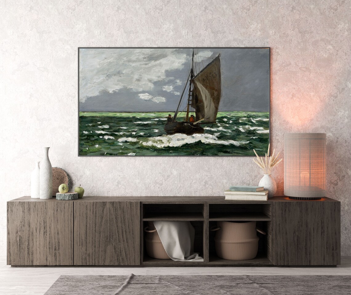 Sailing Boat on Stormy Green Sea Vintage Maritime Oil Poster - Image 2