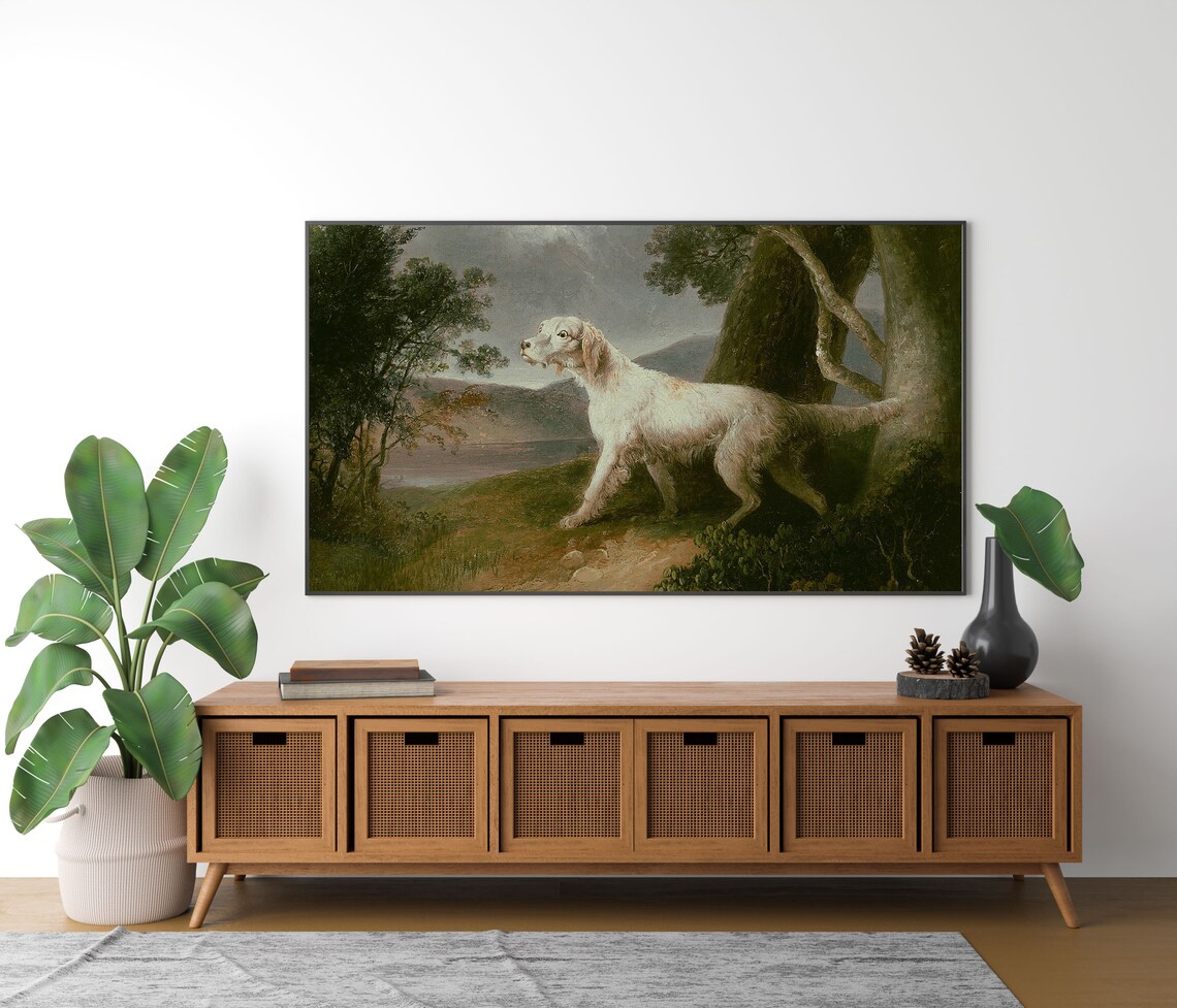 White Setter Dog Vintage Hunting Landscape Oil Painting Poster - Image 3