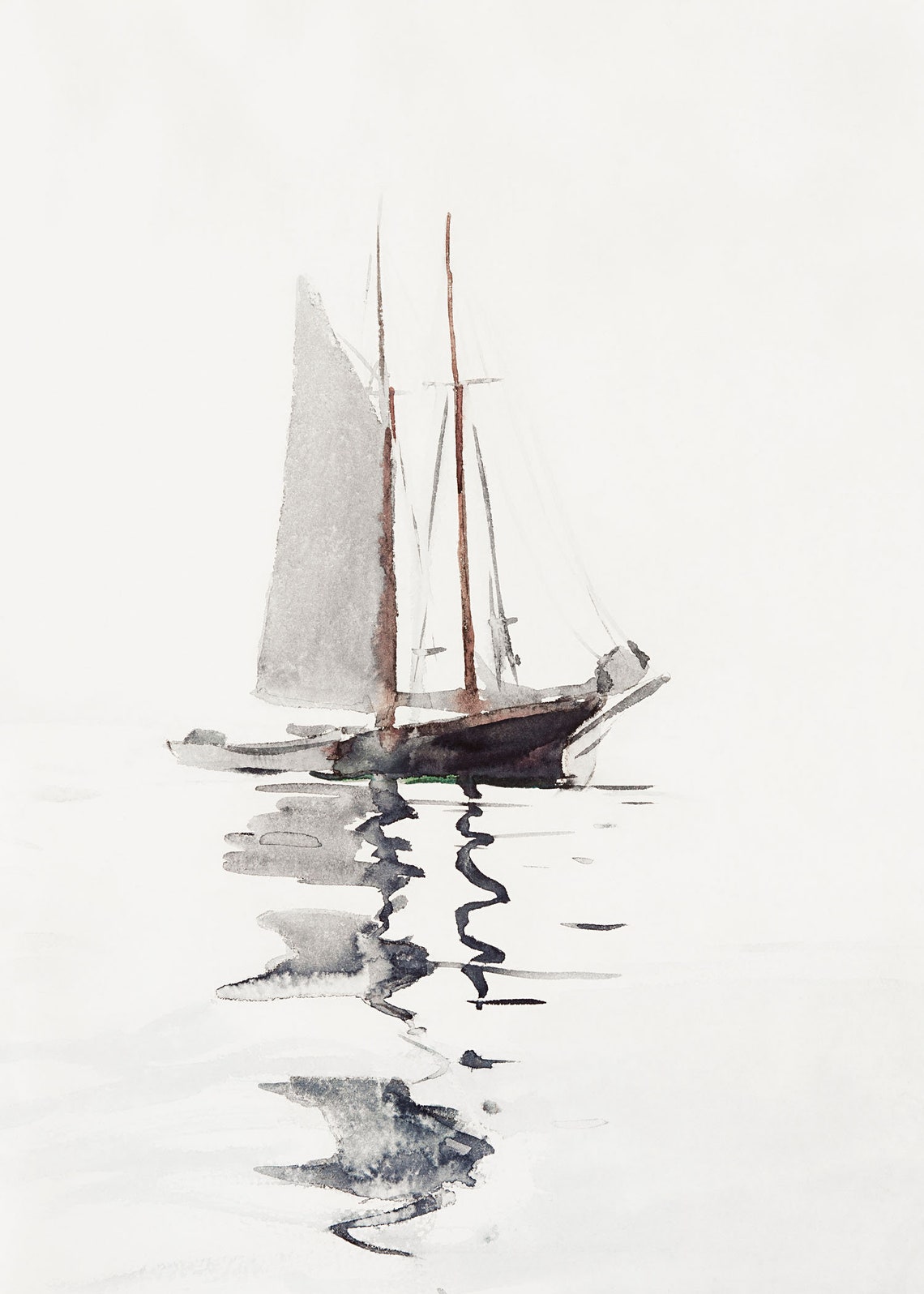 Tall Ship with Two Masts Drifting on a Still Misty Sea Poster - Image 2