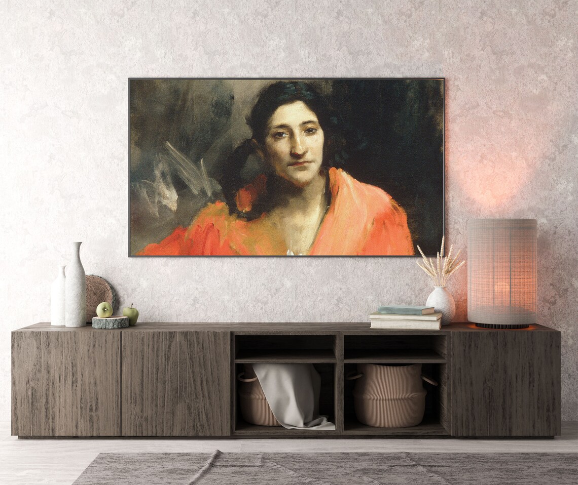 Woman in Red Shawl Moody Vintage Portrait Dark Oil Painting Art Poster - Image 4