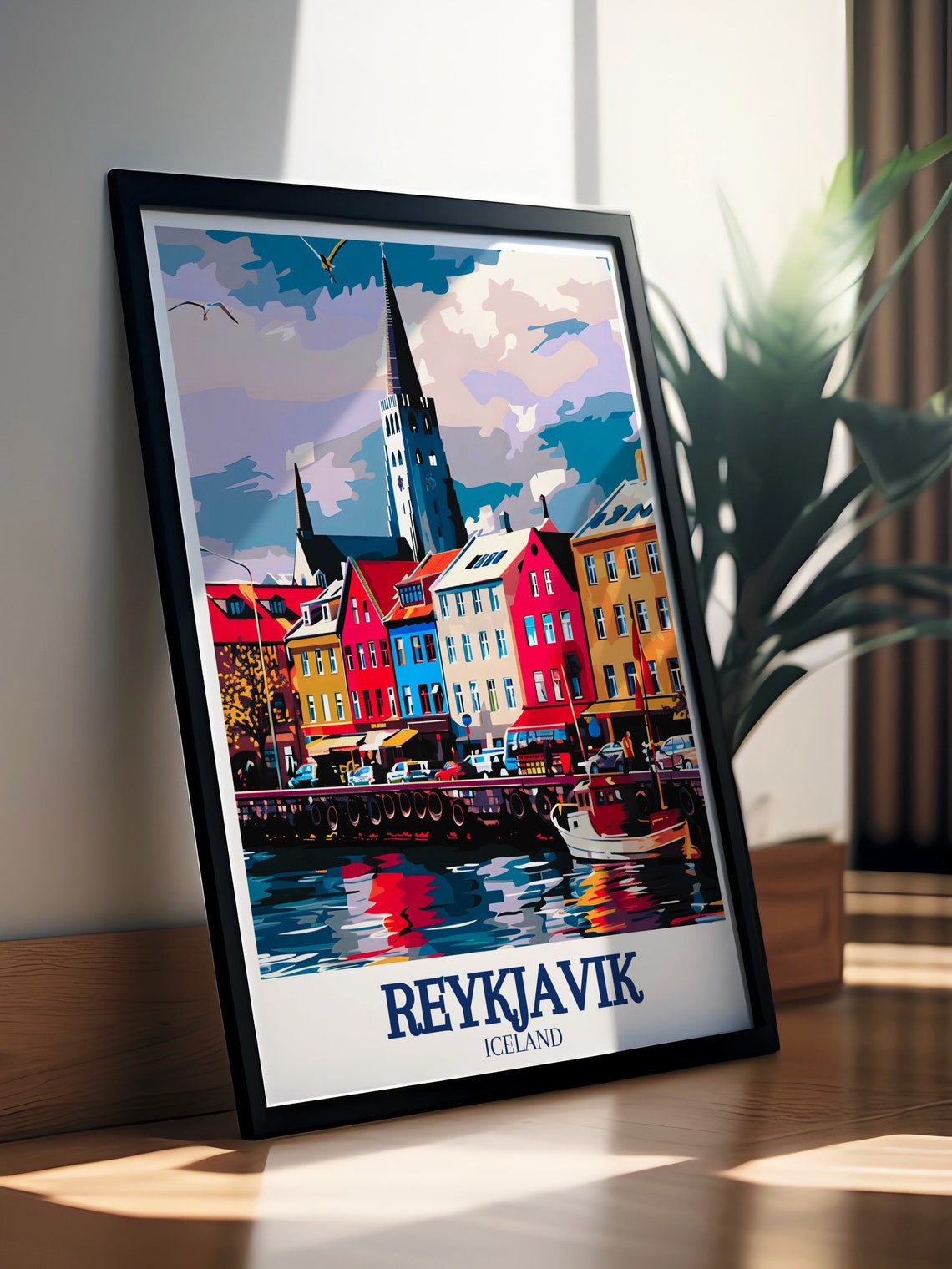 Reykjavik Waterfront with Hallgrimskirkja Church Colorful Retro Poster - Image 2