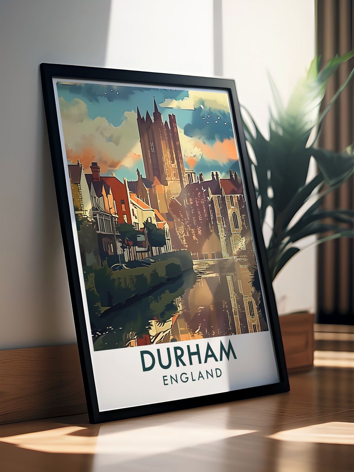 Durham England Cathedral Above Riverside Town Scene Travel Poster - Image 3