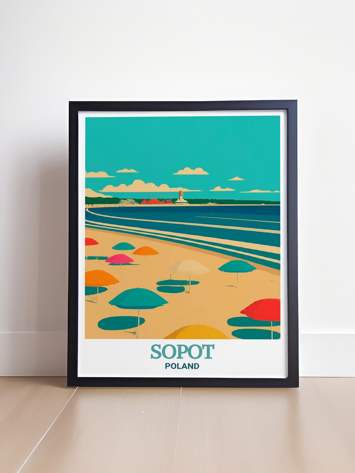 Sopot Poland Beach Poster with Umbrellas and Pier Retro Graphic Style - Image 4