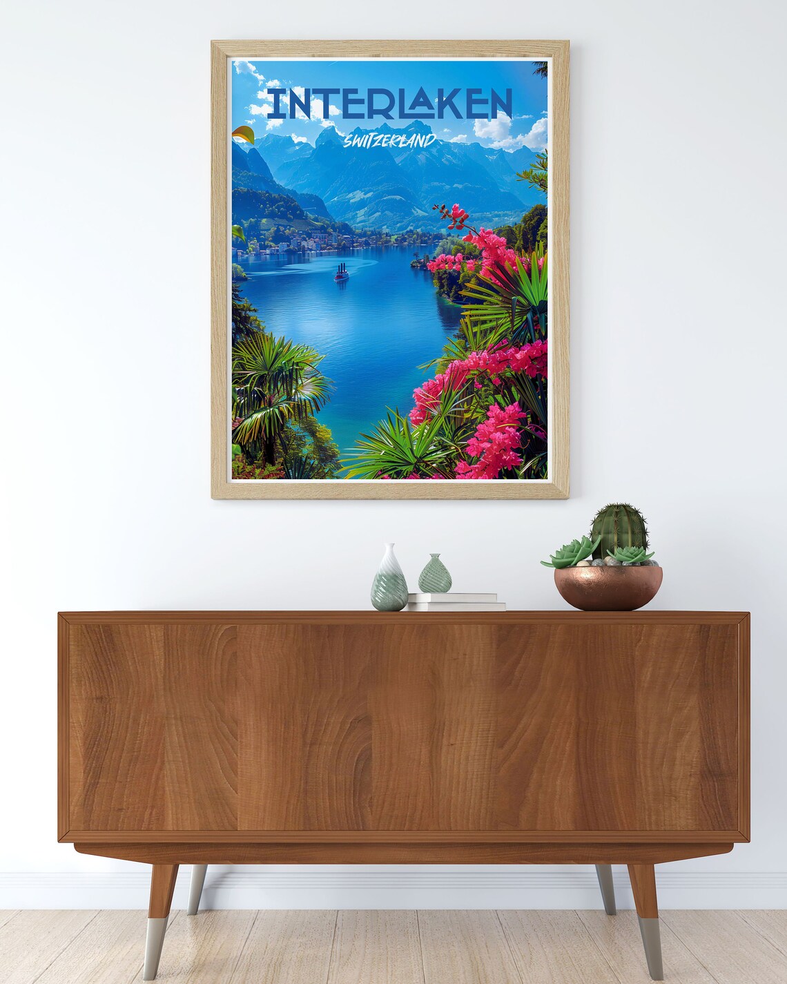 Interlaken Switzerland Sparkling Blue Lake Pink Blossoms Travel Poster - Image 2