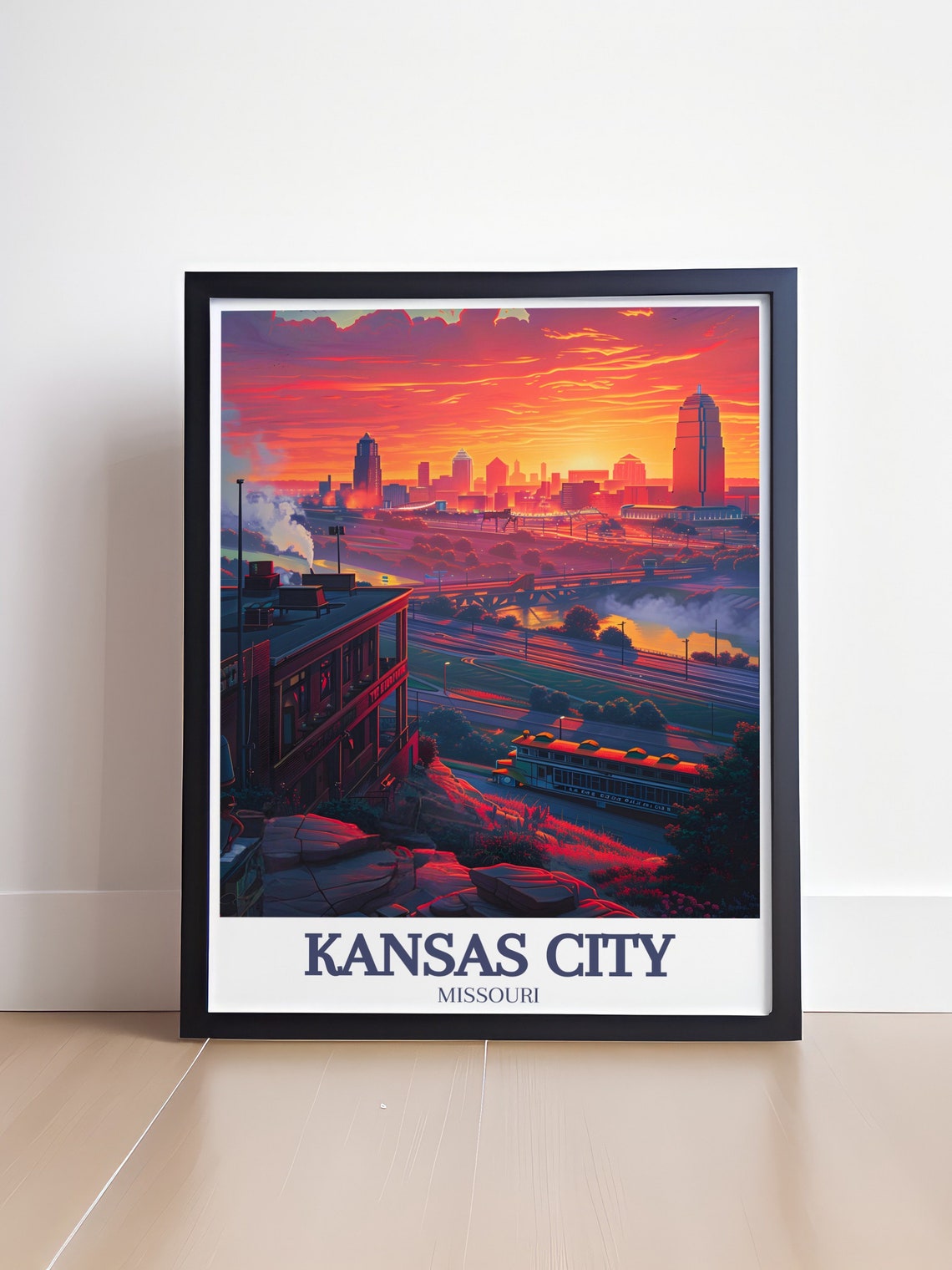 Kansas City Missouri Downtown Skyline Sunset Riverside View Poster - Image 4