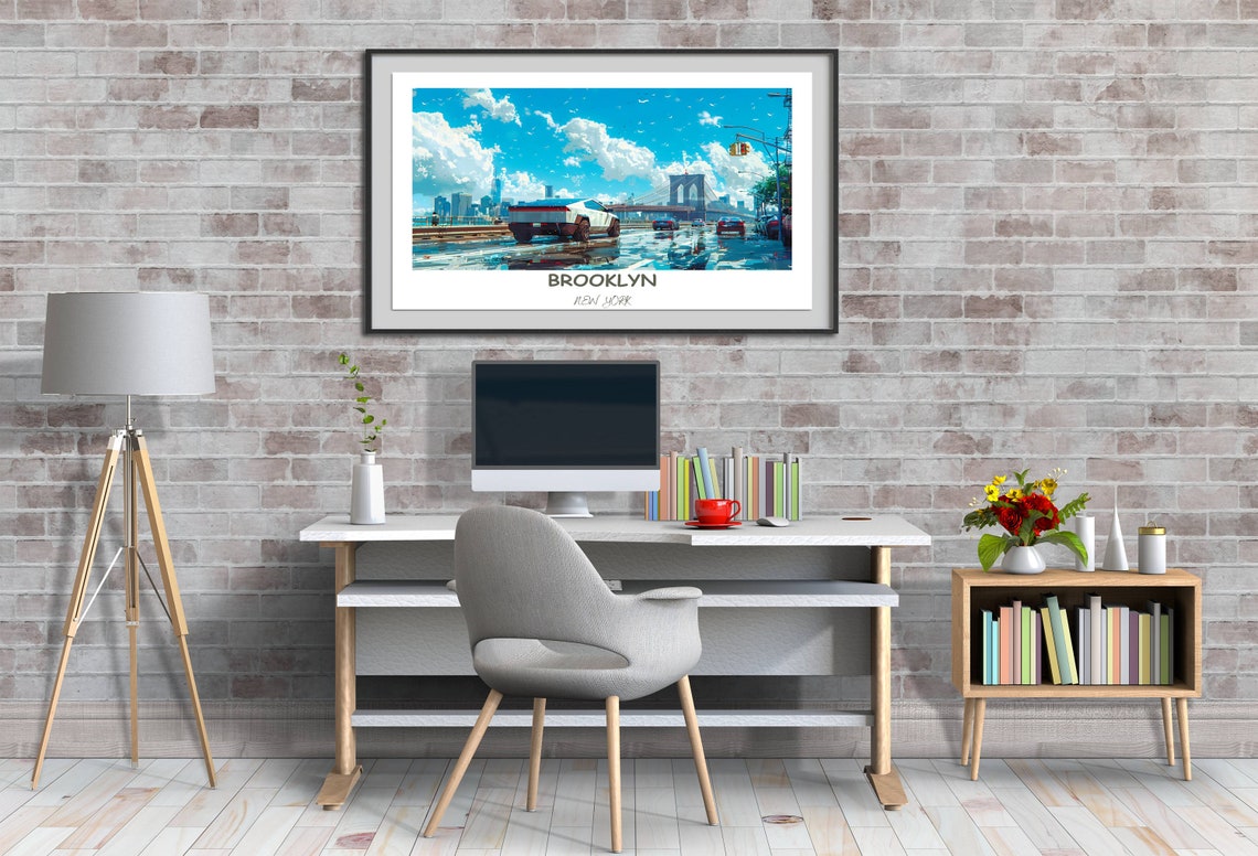 Tesla Cybertruck Crossing Brooklyn Bridge Illustrated Poster - Image 3
