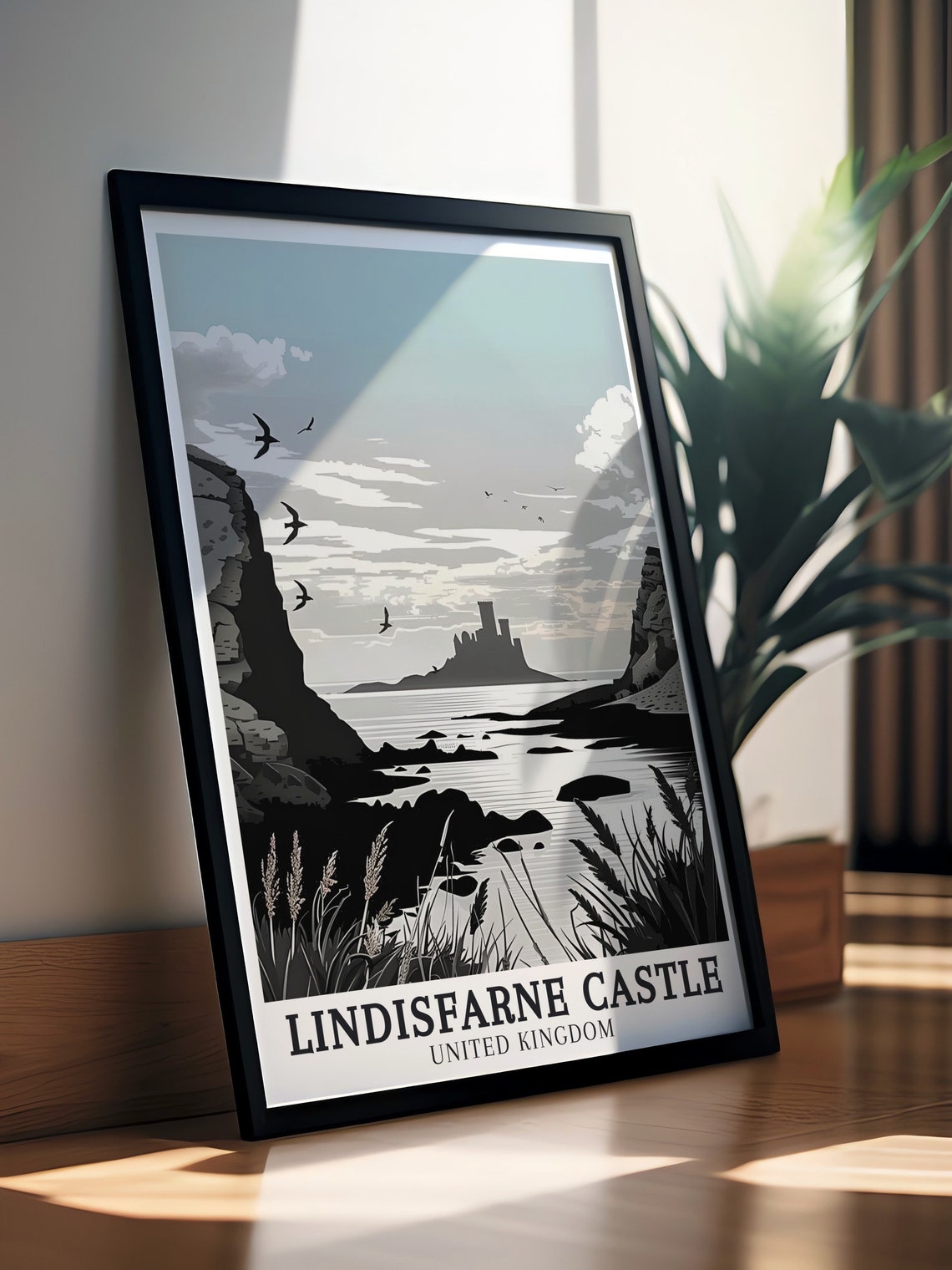 Lindisfarne Castle United Kingdom Monochrome Seascape Bird Art Poster - Image 2