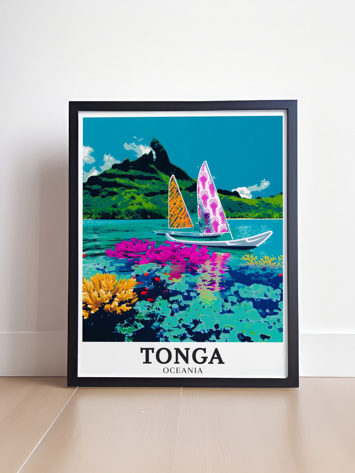Tonga Vaa Canoe Coral Reef Volcanic Island Colorful Travel Poster - Image 4
