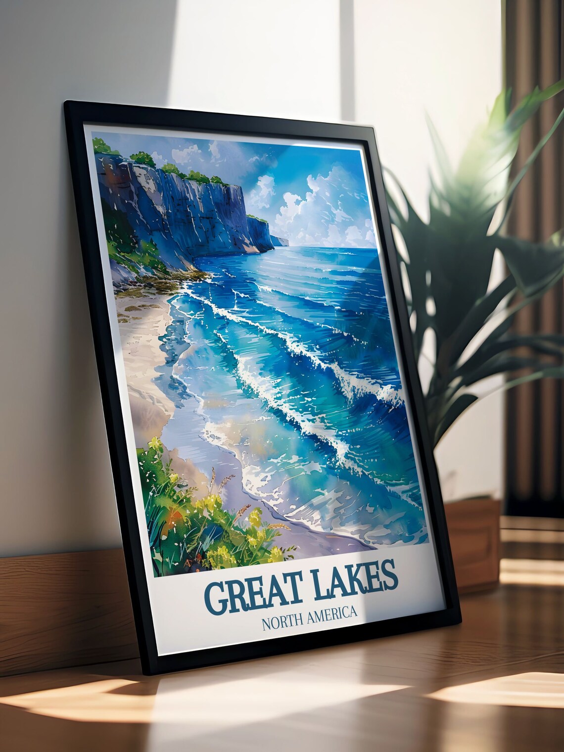 Great Lakes North America Rolling Waves Rocky Cliffs Travel Poster - Image 3