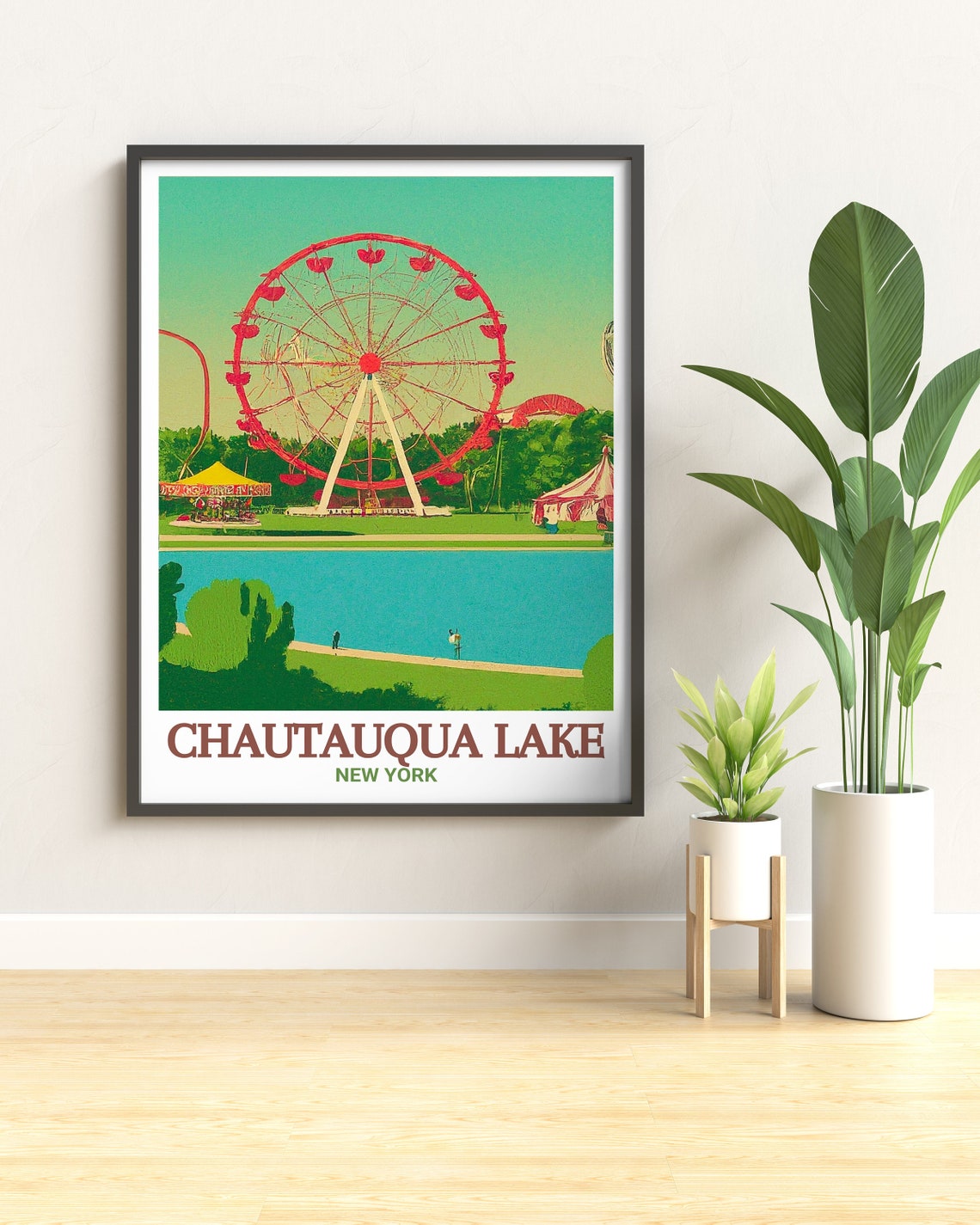 Chautauqua Lake New York Ferris Wheel Retro Park Scene Poster - Image 2