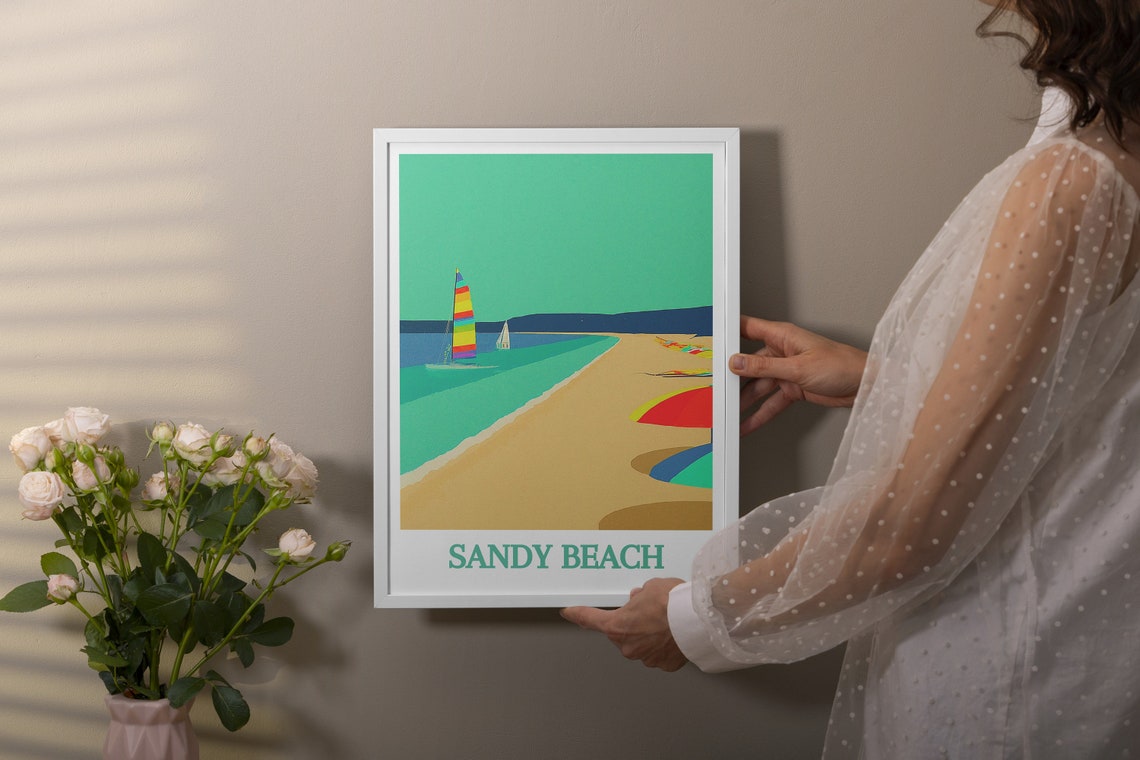 Sandy Beach Sailboats Rainbow Sails Minimalist Coastal Poster - Image 2