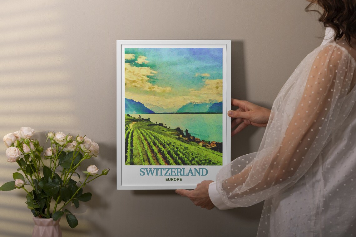 Switzerland Lake Geneva Sunlit Lakeside Vineyard Hills Poster - Image 3