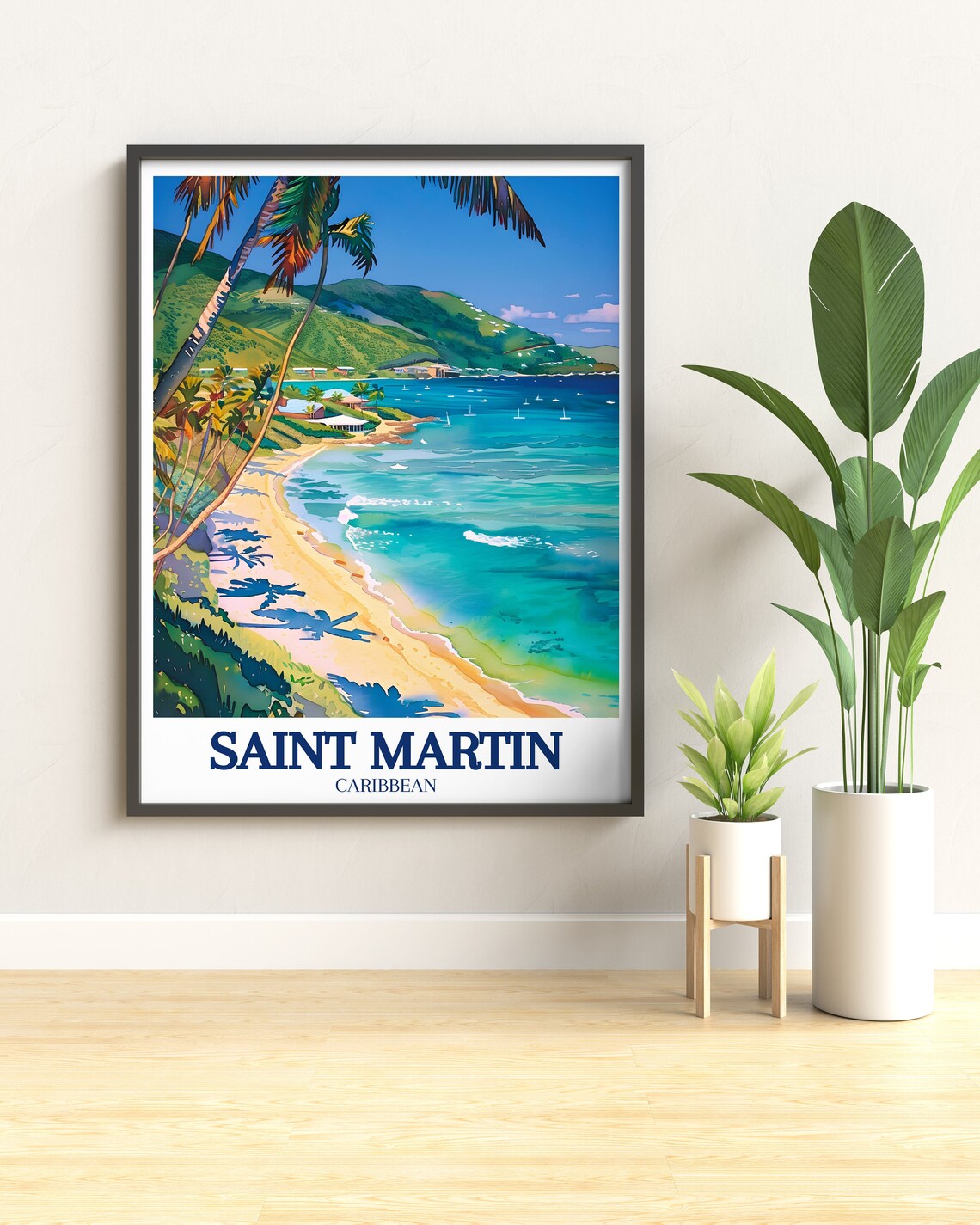 Saint Martin Caribbean Palm Beach Bay Watercolor Tropical Poster - Image 2