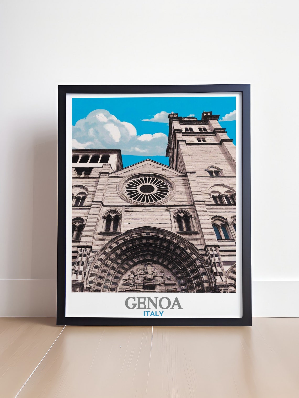 Genoa Cathedral Gothic Facade Rose Window Italy Travel Poster - Image 4
