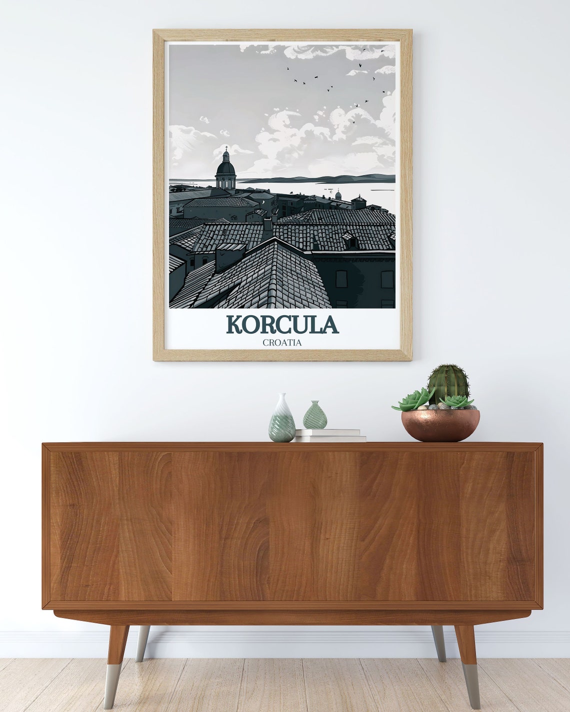 Korcula St Marks Cathedral Rooftops Monochrome Adriatic Coast Poster - Image 2