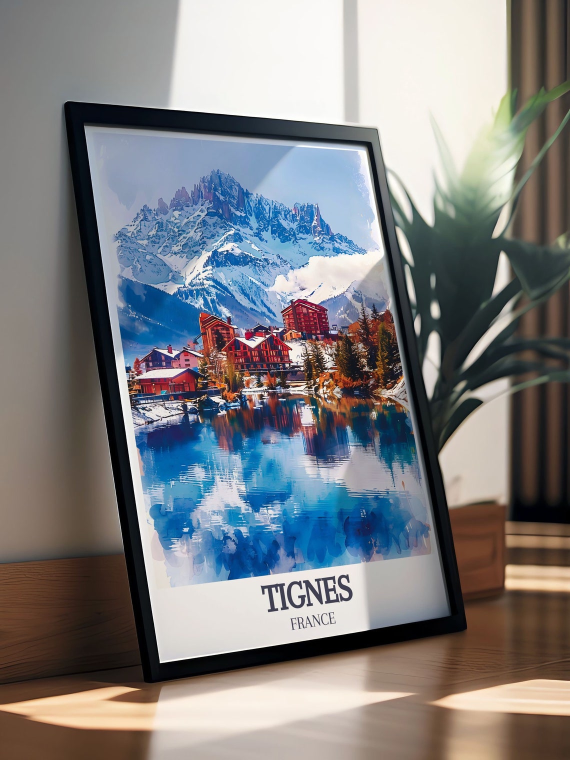 Tignes Alpine Village Reflected in Lake Beneath Snowy Peaks Poster - Image 2