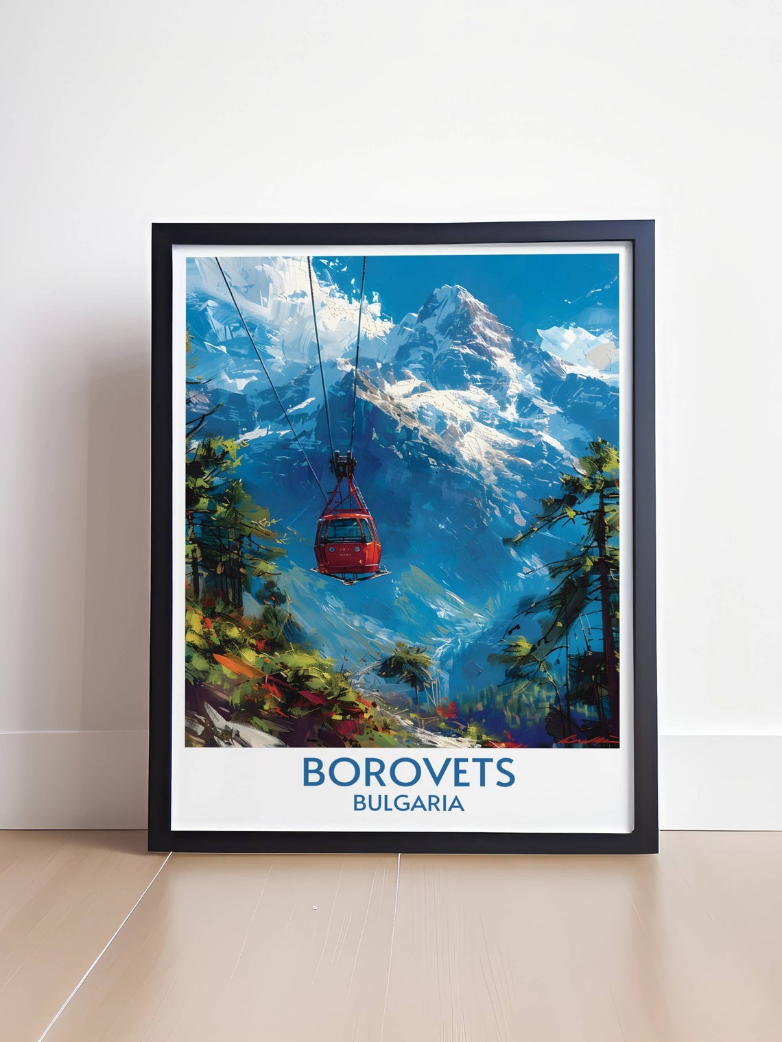 Borovets Bulgaria Red Cable Car Gondola Over Snowy Peaks Poster - Image 4