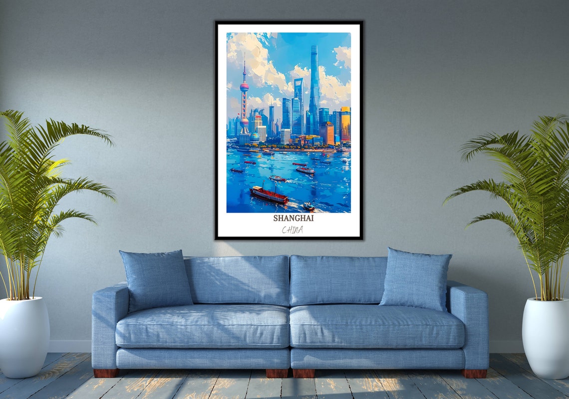 Shanghai China The Bund Skyline Huangpu River Boats Travel Poster - Image 2