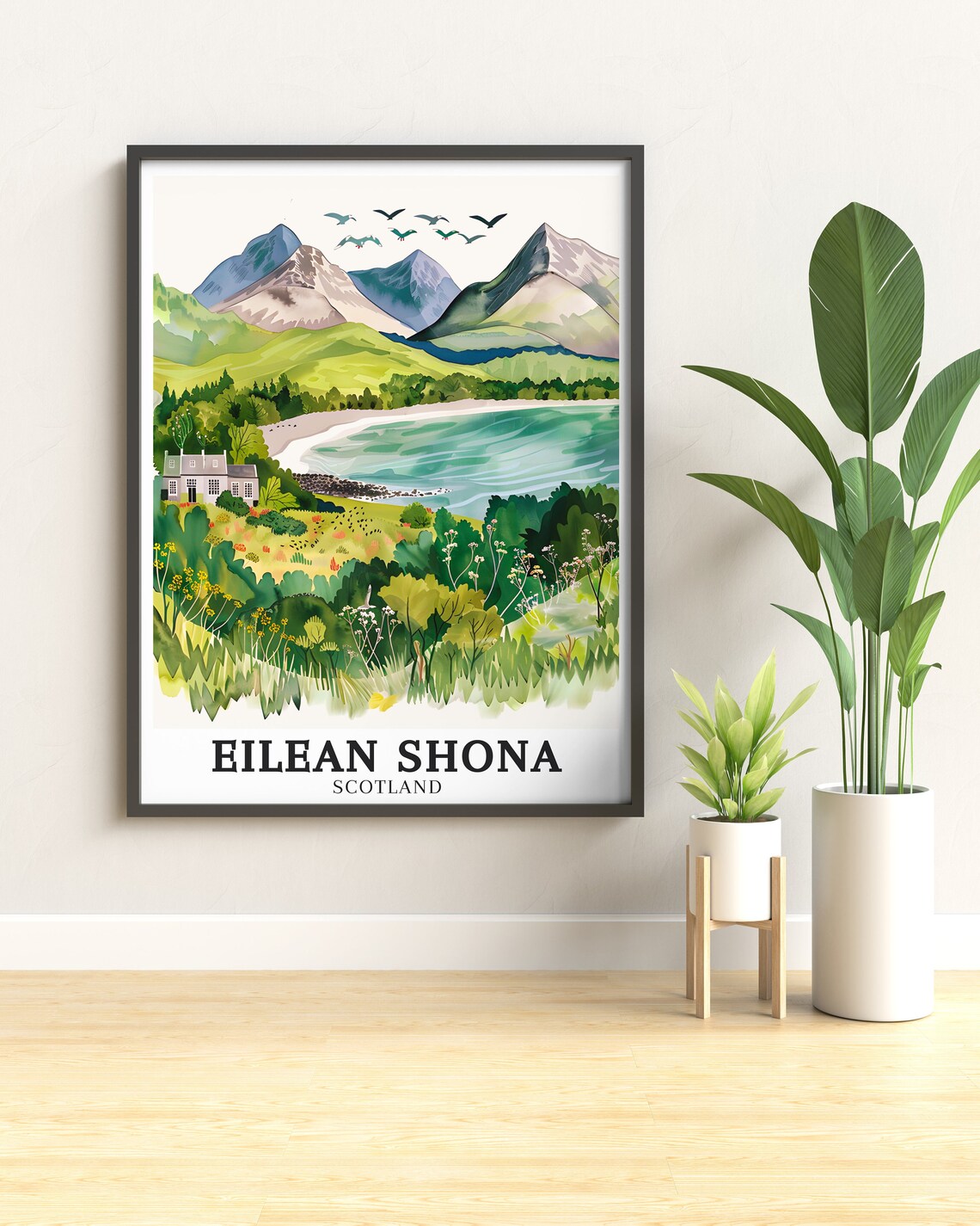 Eilean Shona House Scotland Watercolor Bay Mountain Scene Poster - Image 3