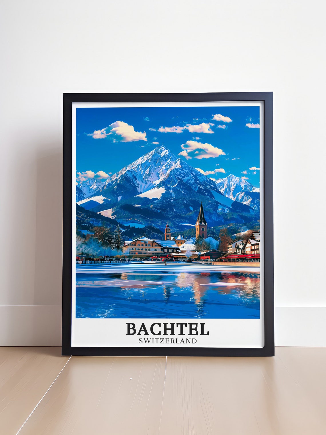 Bachtel Snow Capped Peak Lakeside Village Winter Switzerland Poster - Image 4