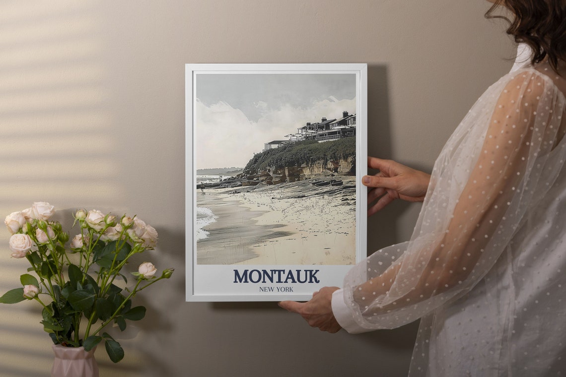 Montauk Beach Cliffside Houses Waves Sandy Shore Travel Art Poster - Image 3
