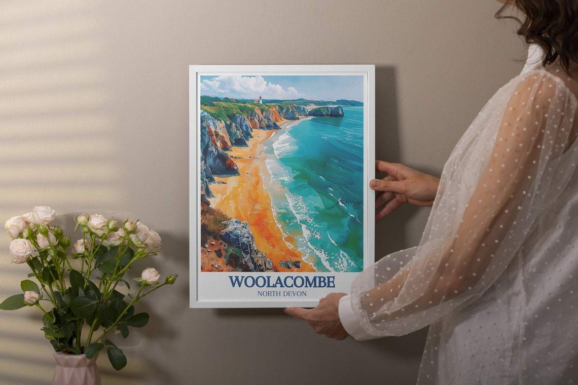 Woolacombe Beach Golden Sands and Turquoise Cliffs North Devon Poster - Image 2