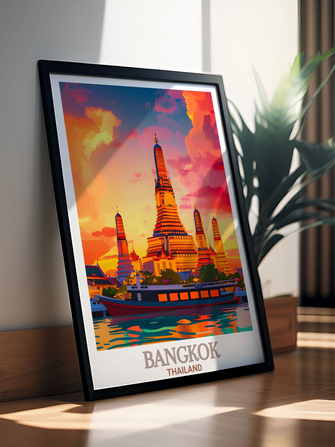 Bangkok Wat Arun Temple At Sunset With River Boat Thailand Poster - Image 2