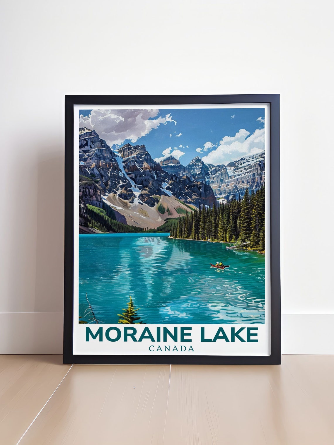 Moraine Lake Canoe Gliding on Turquoise Water in Banff Poster - Image 4