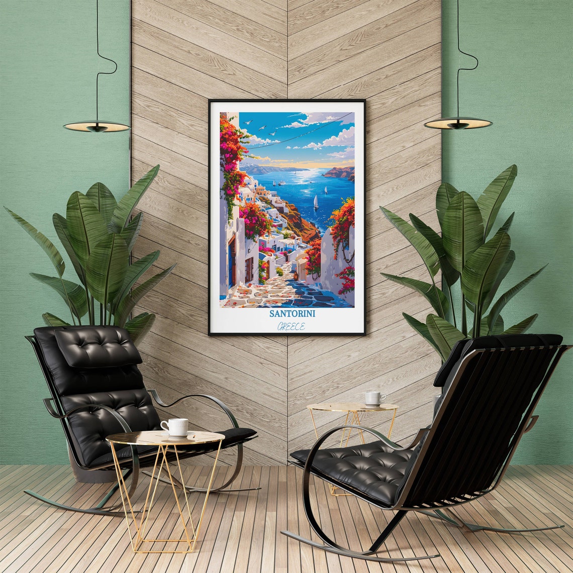 Santorini Whitewashed Alley with Bougainvillea and Caldera Poster - Image 2