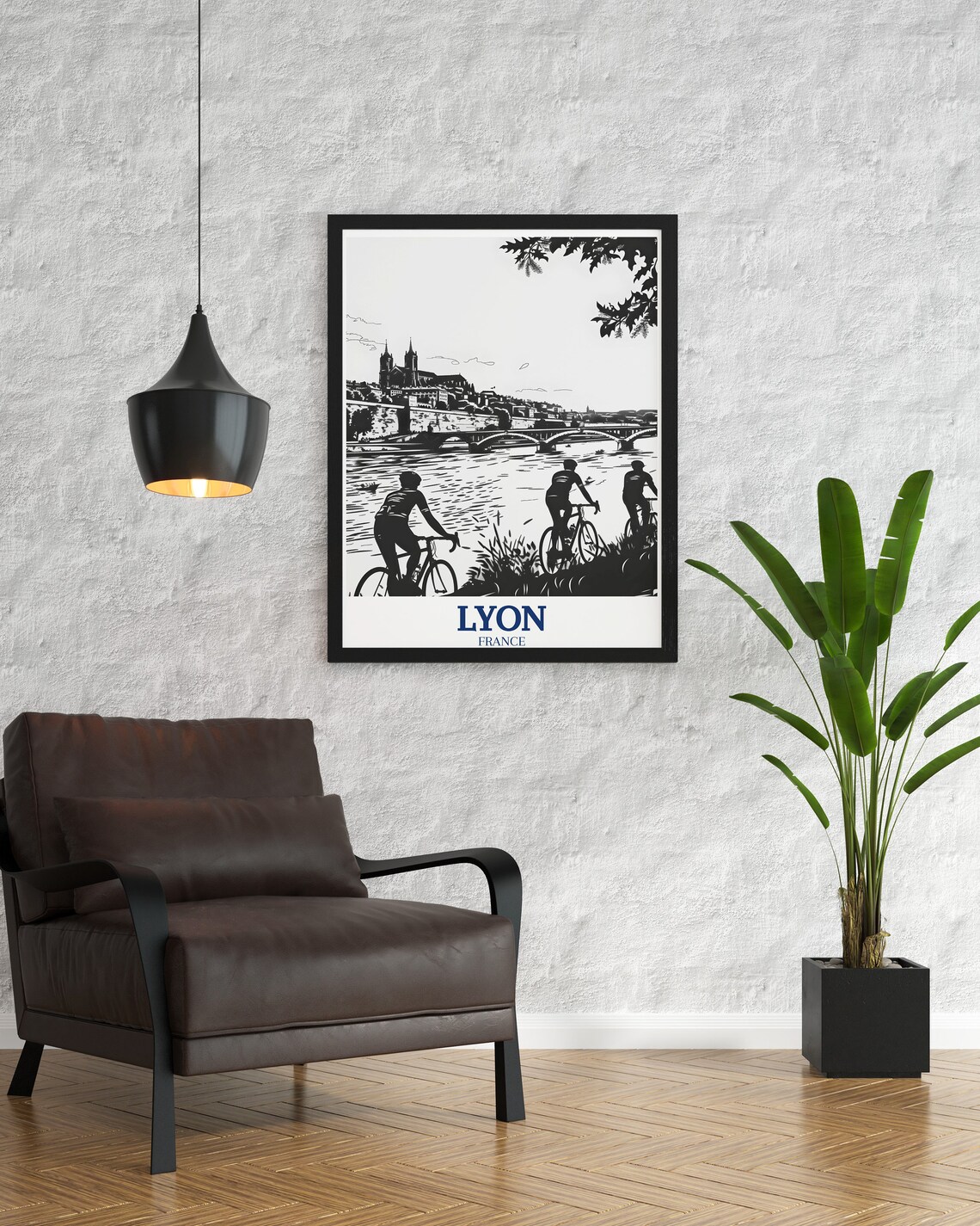 Lyon France Black White Riverbank Cyclists Bridge Art Poster - Image 2