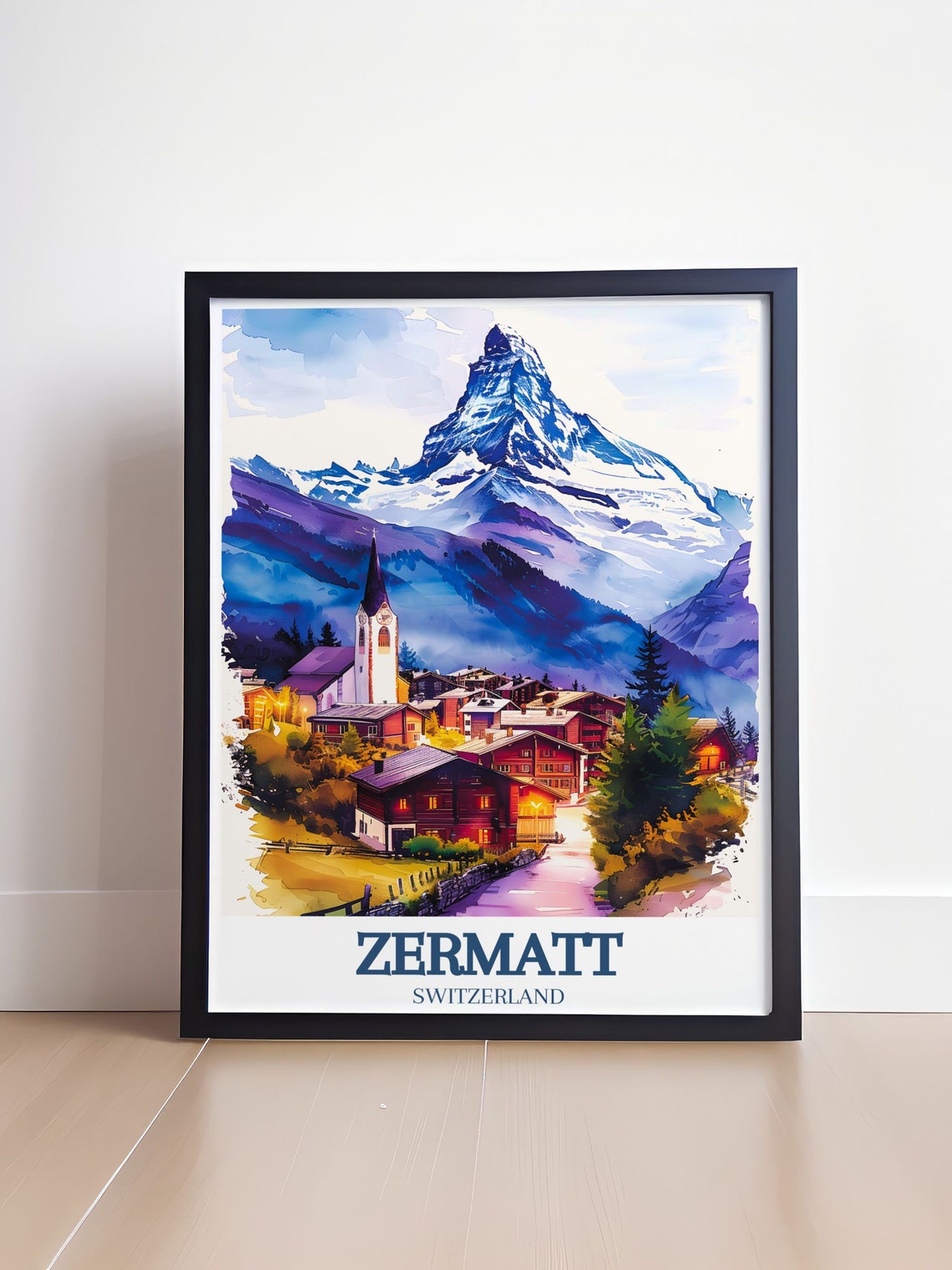Zermatt Wall Art Zermatt Village Travel Poster Switzerland Travel Print Zermatt Village And St Mauritius Church Wall Decor - Image 4