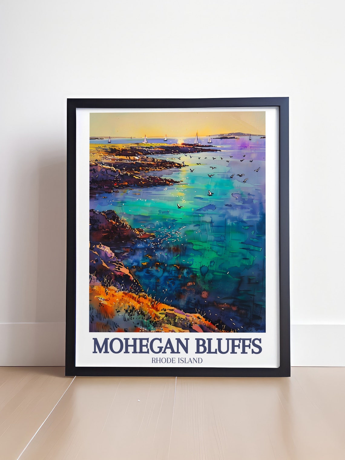 Mohegan Bluffs Rhode Island Golden Sunset Watercolor Coast Poster - Image 4