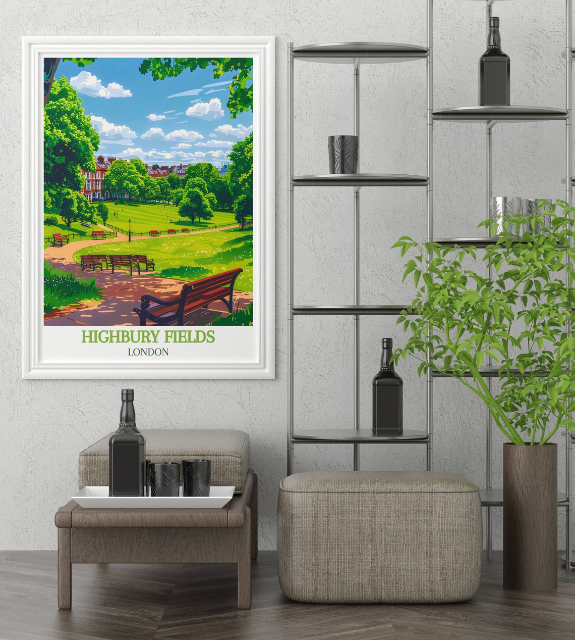 Highbury Fields London Summer Park Lawns and Benches Scene Poster - Image 3
