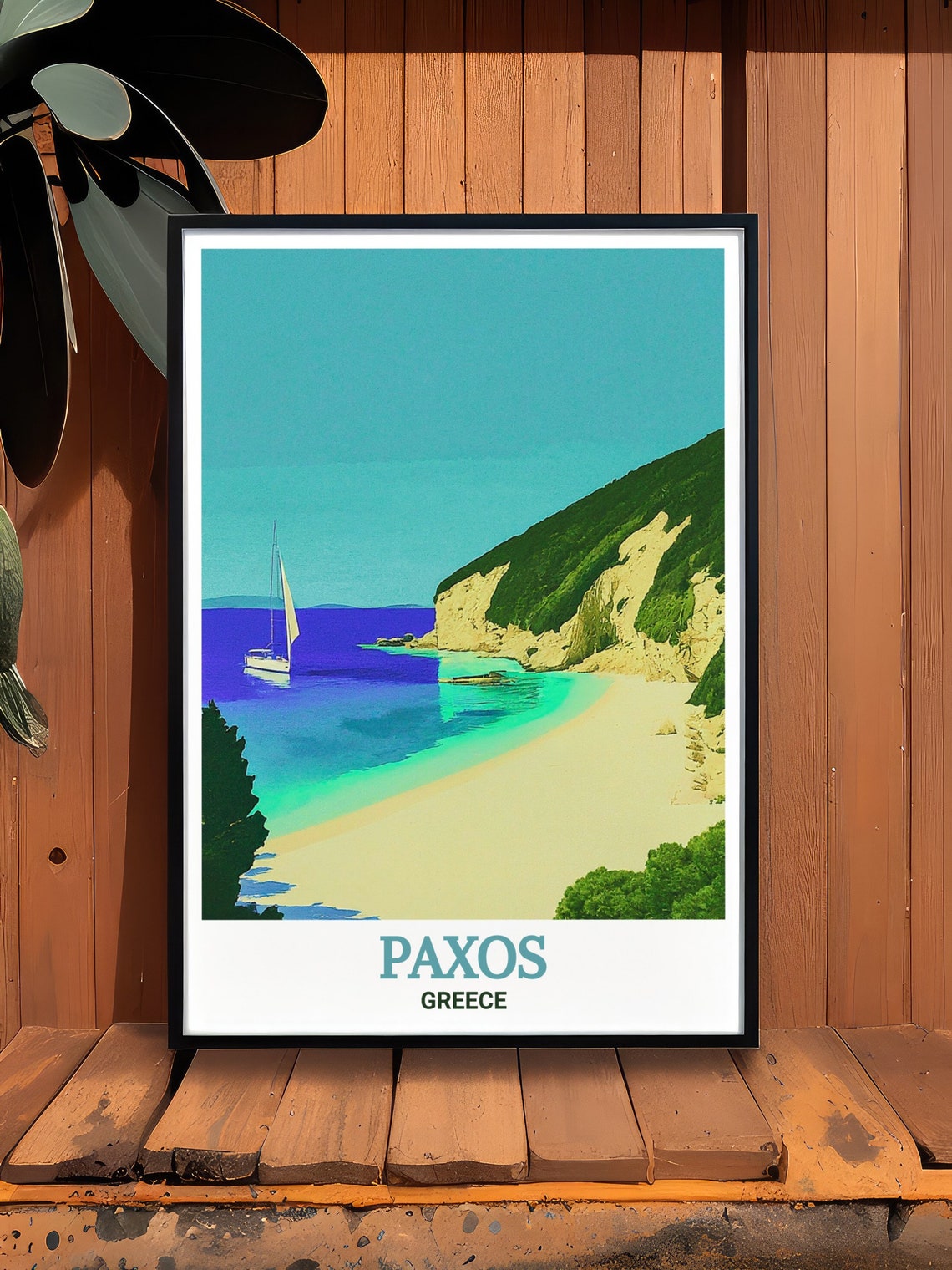Paxos Greece Erimitis Beach Sailboat White Cliffs Turquoise Poster - Image 3