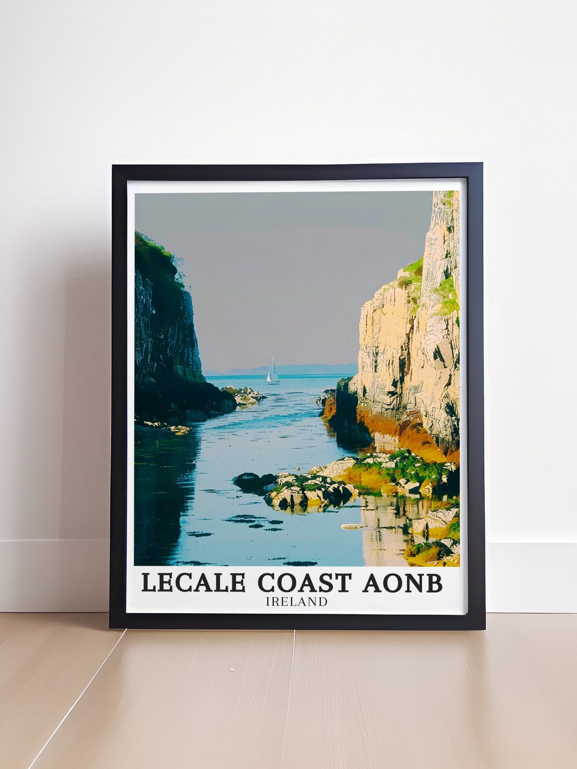 Lecale Coast AONB Rocky Cliffs Sailboat Ireland Travel Poster - Image 4