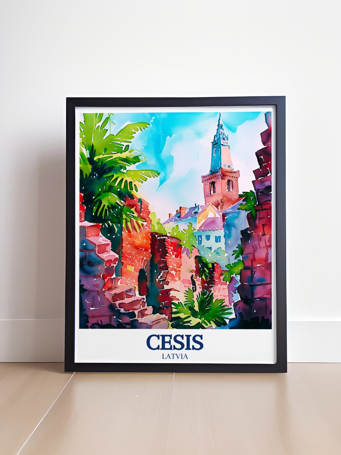 Cesis Latvia Castle Ruins Watercolor Church Tower Travel Poster - Image 4