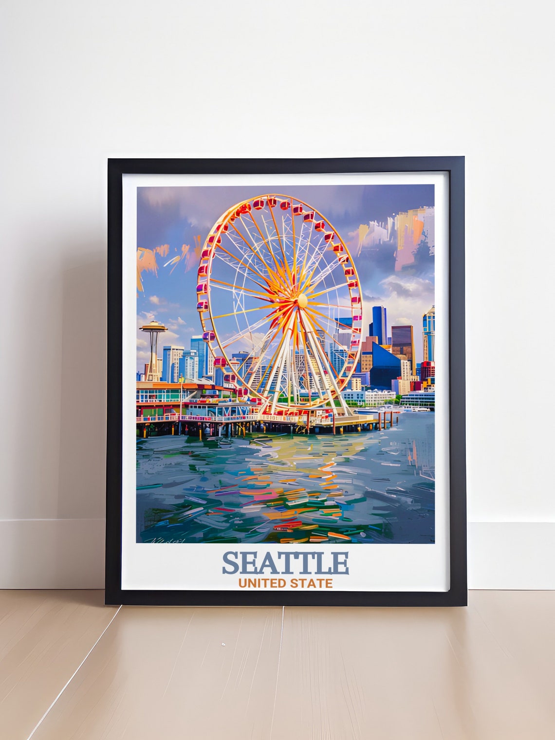 Seattle Great Wheel Waterfront Skyline Vibrant Painterly Art Poster - Image 4