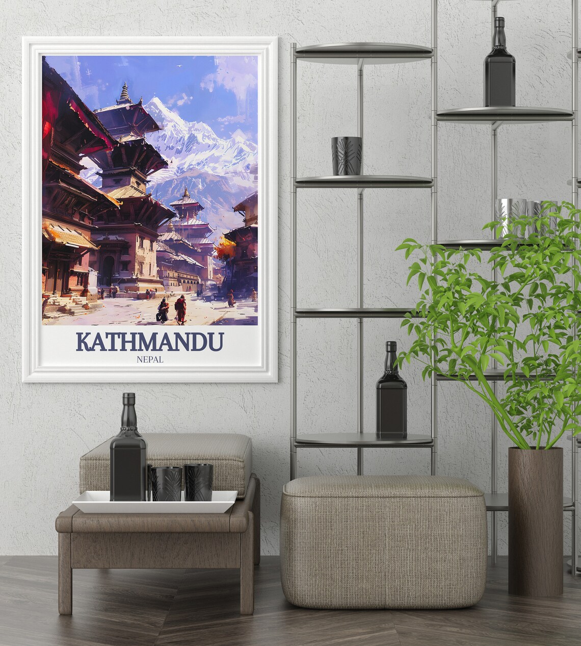 Kathmandu Nepal Durbar Square Temples Snowy Peaks Watercolor Poster - Image 3