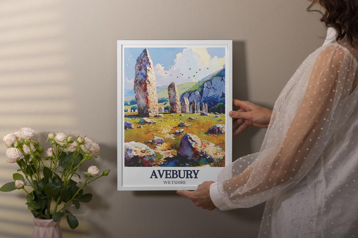 Avebury English Stone Circle Meadow Hills Watercolor Travel Poster - Image 2