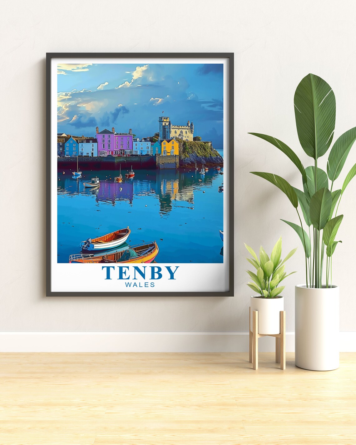 Tenby Wales Harbor Pastel Houses Castle and Boats Travel Poster - Image 2