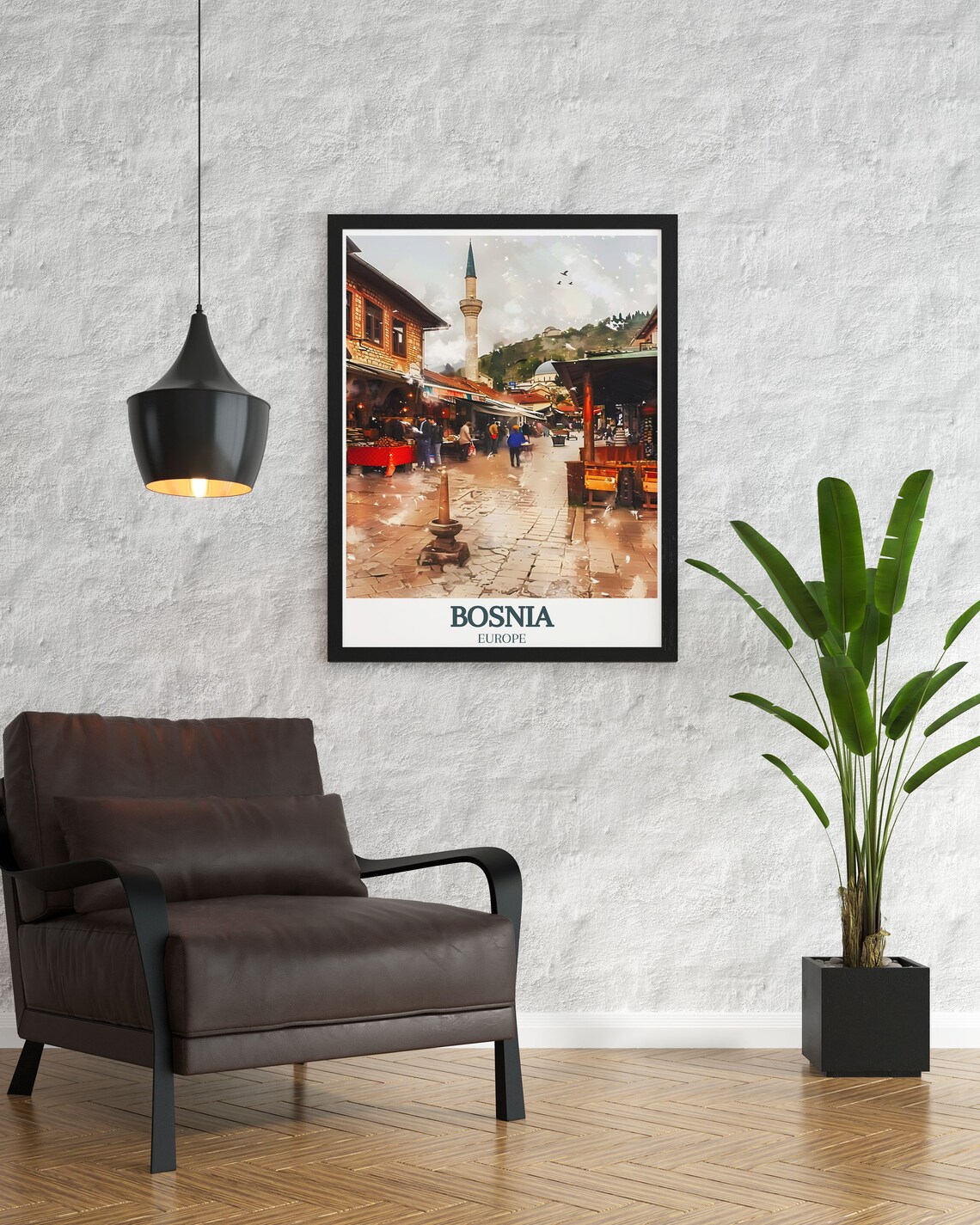 Sarajevo Bascarsija Old Bazaar Street and Mosque Minaret Travel Poster - Image 2
