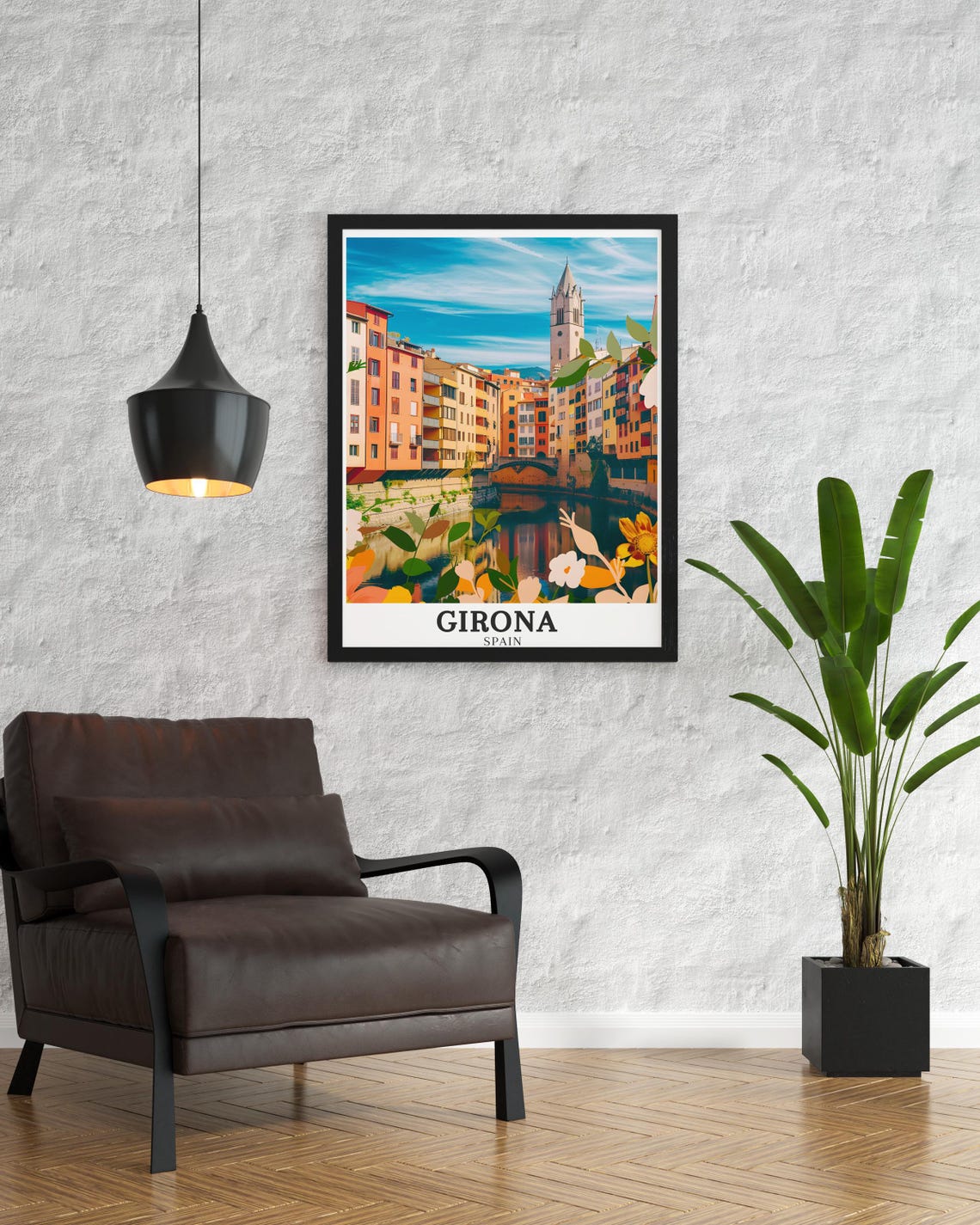 Girona Spain Riverside Old Town Church Tower Floral Travel Poster - Image 3